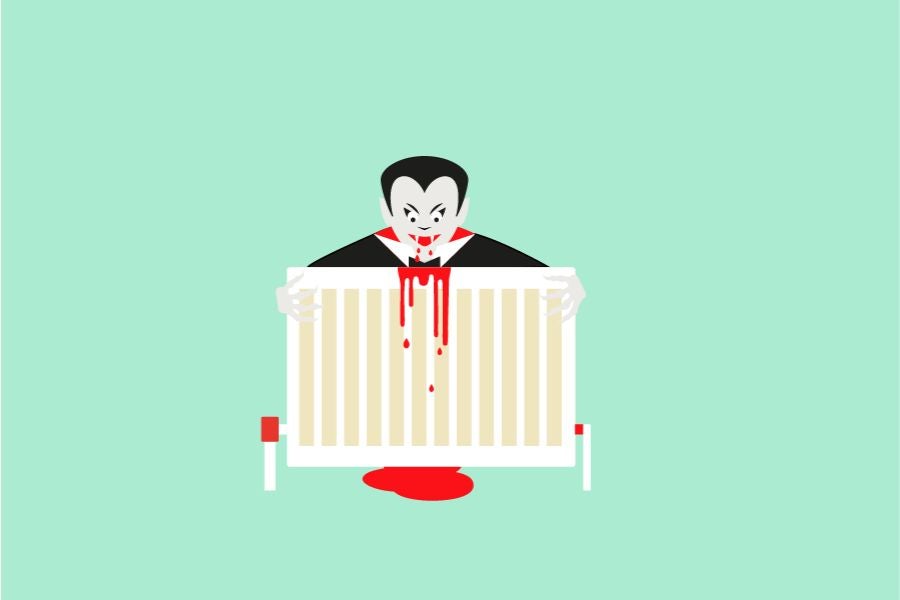 Graphic of a radiator with a bleed effect and a vampire image for a halloween theme