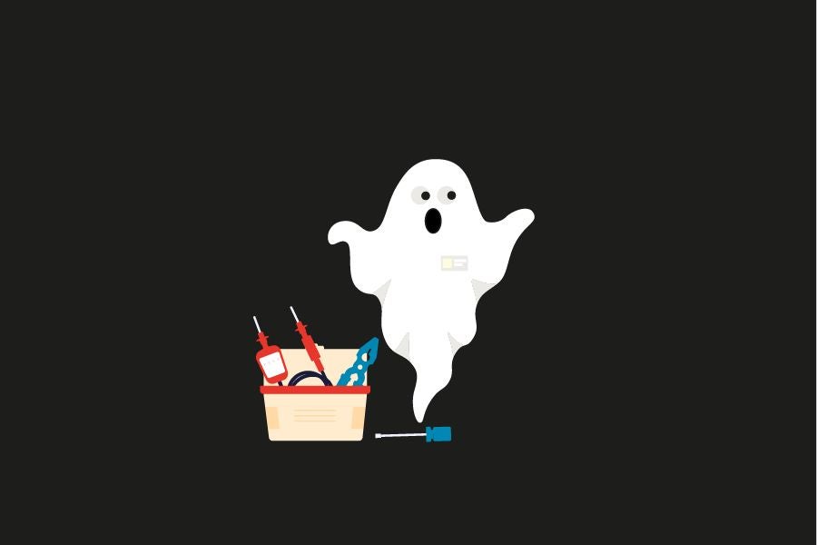 A ghost with a toolbox to indicate the topic of being ghosted by a tradesperson