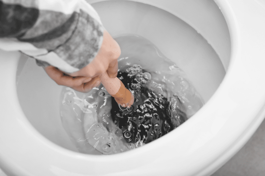 Image of a toilet being unblocked using a plunger