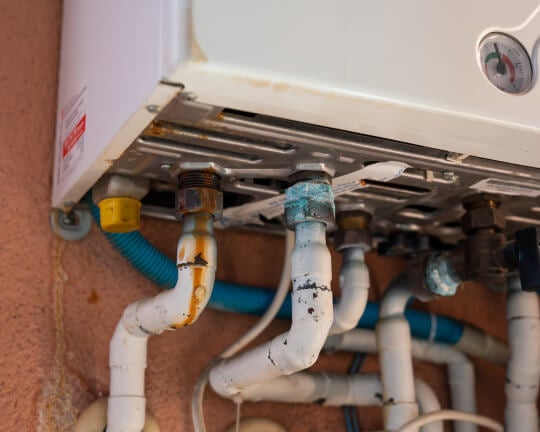An old boiler with corroding pipes to show how long a boiler lasts