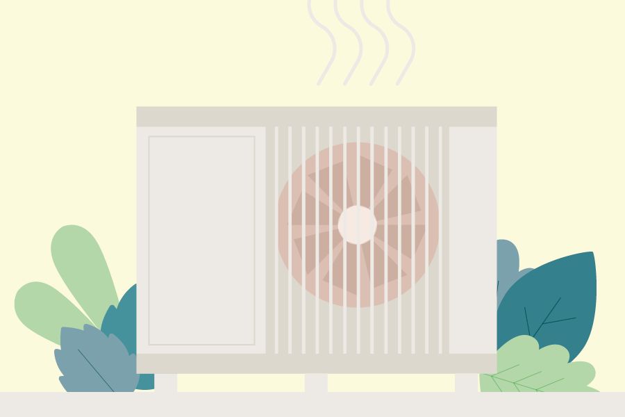 A graphic of a heat pump on a yellow background. 