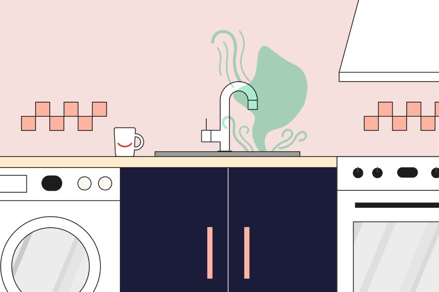 A graphic of a kitchen scene with a smelly sink 