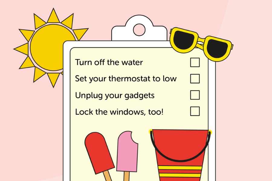 A graphic of a pre-holiday checklist on a clipboard surrounded by summer items