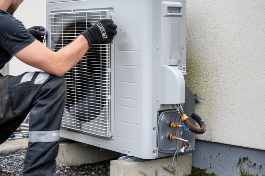 An approved heat pump installer fitting a heat pump.