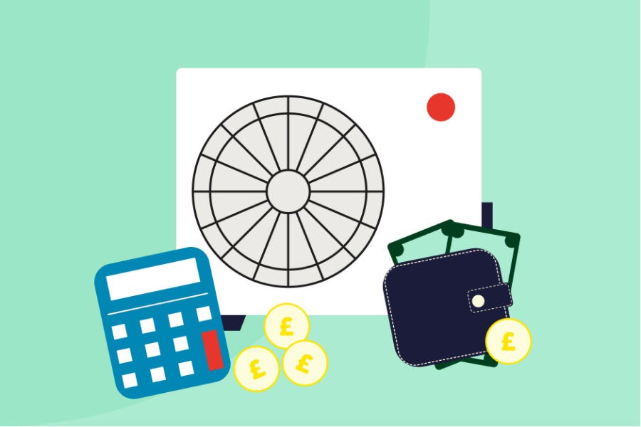 Illustration of a heat pump, wallet and calculator