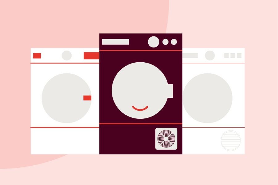 A graphic showing a heat pump, condenser and vented tumble dryer