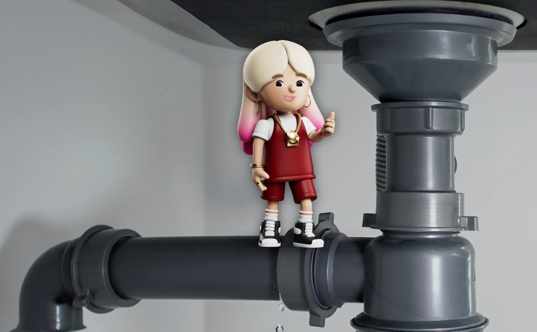 Lo Stress character standing on pipe under sink