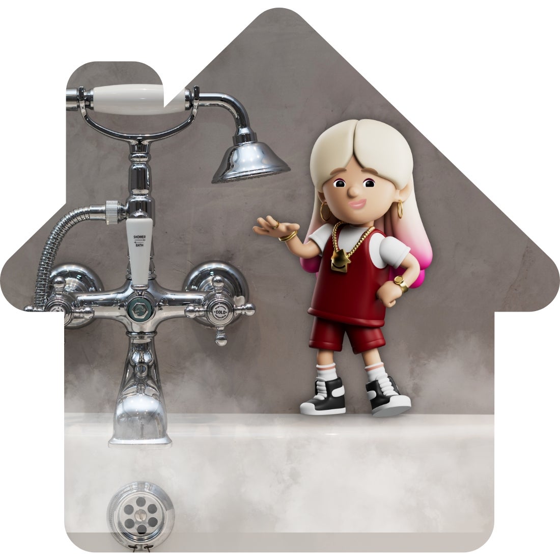 Lo Stress character standing near bath tub tap