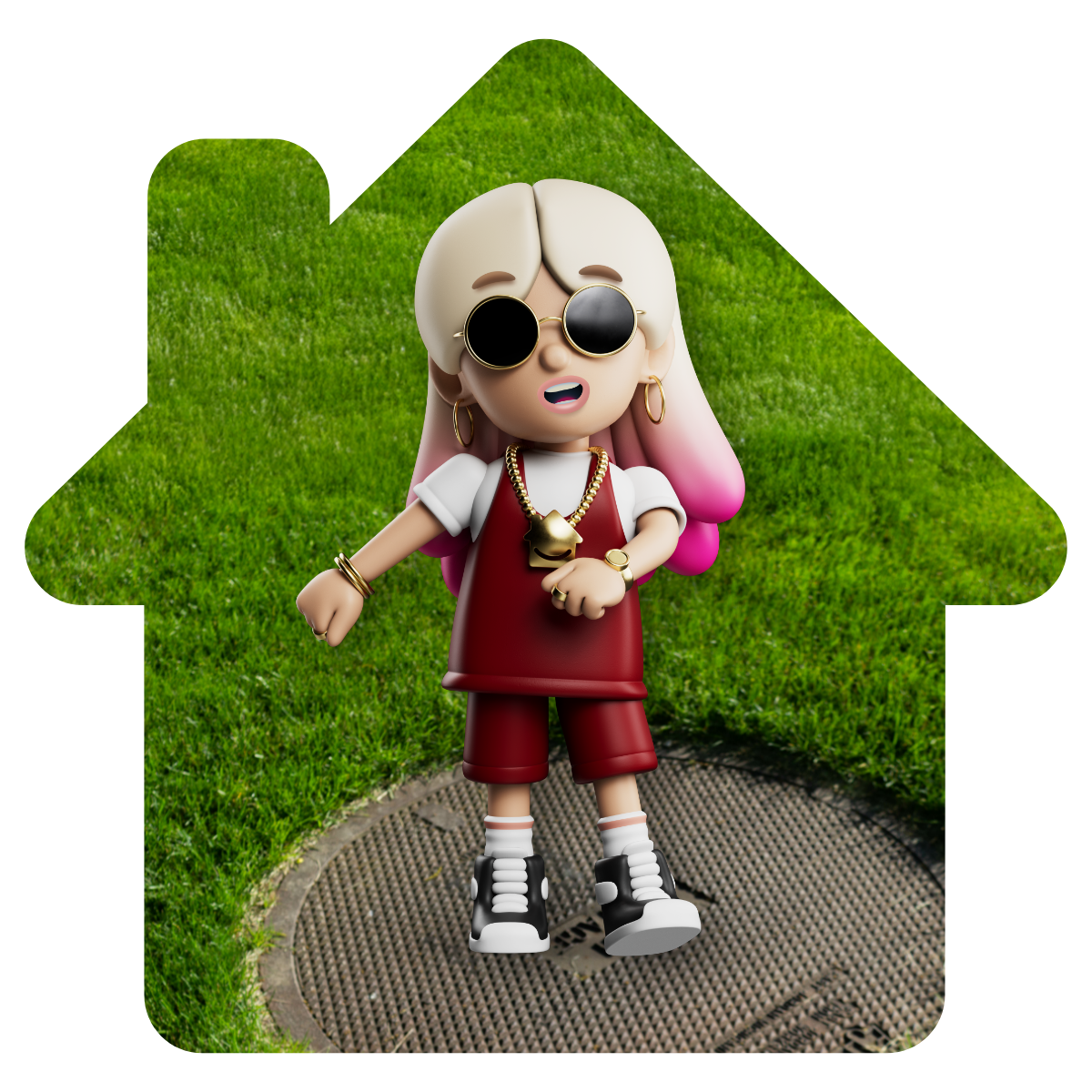Lo Stress character standing on a drain cover in front of a lawn.
