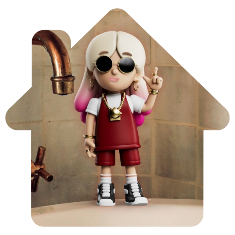 Lo Stress character standing on the rim of a bath next to a copper tap Lo Stress character standing on the rim of a bath next to a copper tap