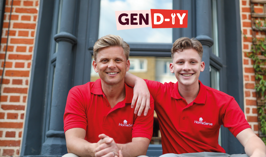 Jeff and Freddie Brazier in red HomeServe uniforms sitting in front of a house. The Gen D-IY logo is in the top right corner.