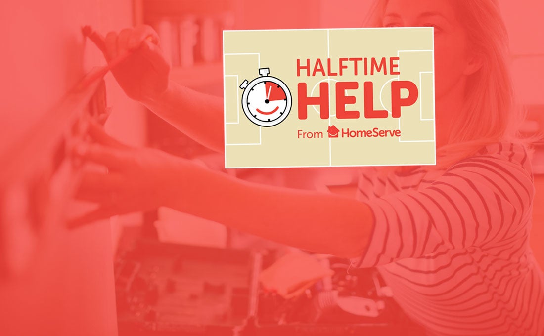 Woman doing home improvements with an overlay of the Halftime Helps by HomeServe logo.