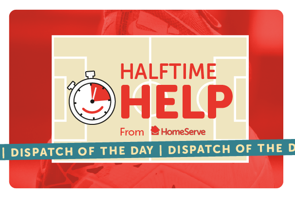 Football pitch outline in the background. A stopwatch graphic sits beside text saying 'HalfTime Help'  